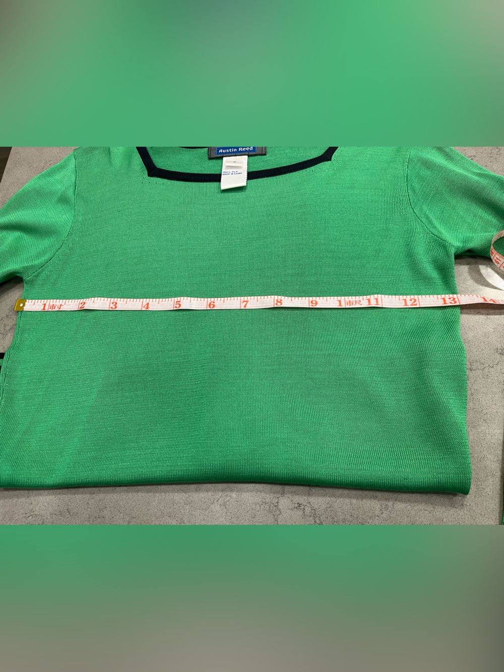 Austin Reed 100% Silk Green Knit Sweater Black Trim Size M - Picture 7 of 7